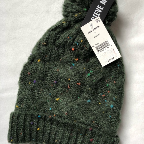 NWT STEVE MADDEN speckled beanie HAT  with PomPom. Green with multicolored specs - Picture 2 of 4